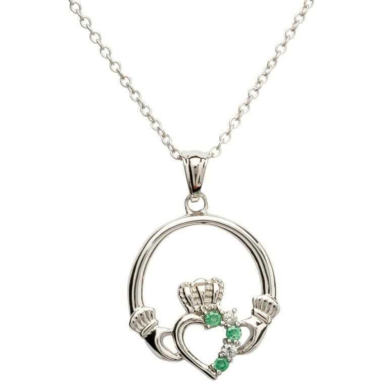 Claddagh Silver Necklace With Green Stones
