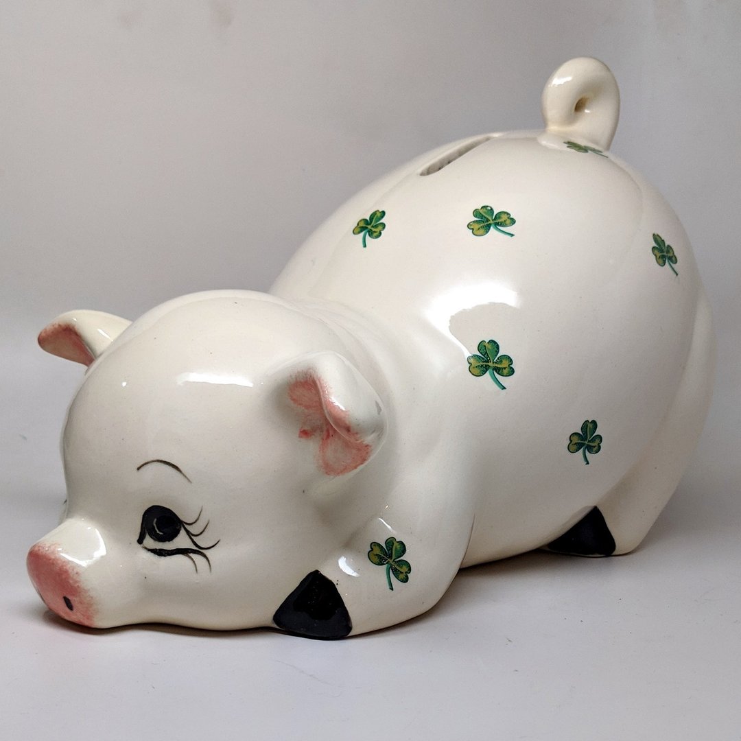 White Ceramic Piggy Bank with Shamrocks ~ Medium Size
