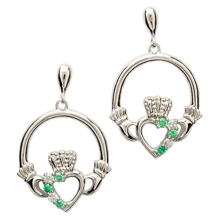 Sterling Silver Claddagh Earrings Green Stones ~ Shanore Ireland