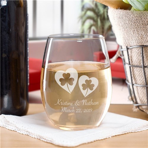 Personalized Shamrock Hearts Stemless Wine Glass