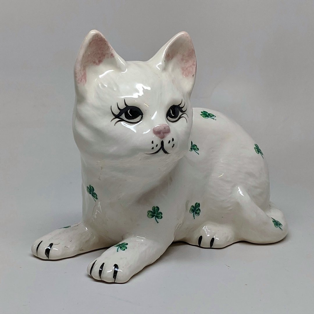 Ceramic Lay Down Kitty Cat With Shamrocks