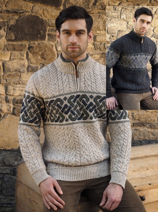 Celtic Jacquard Zipper Sweater ~ Irish Wool Sweater