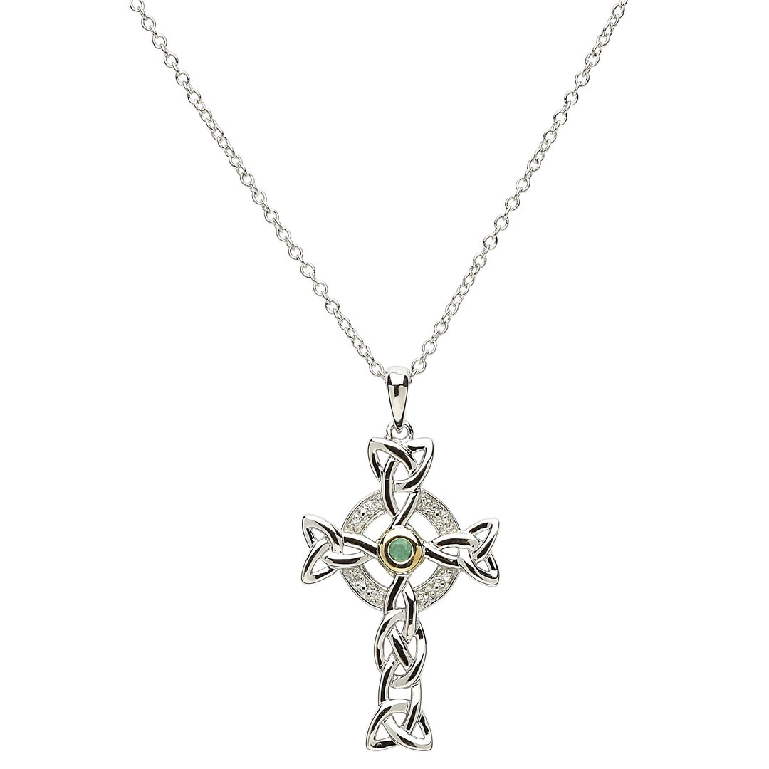 Celtic Trinity Cross Necklace Silver Diamond & Emerald