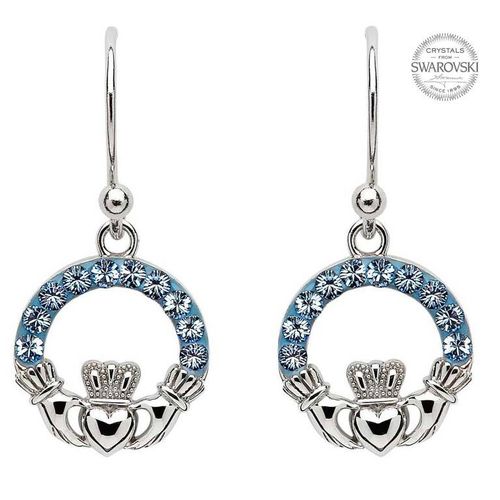Claddagh Earrings Sterling Silver & Sapphire Swarovski Crystals
