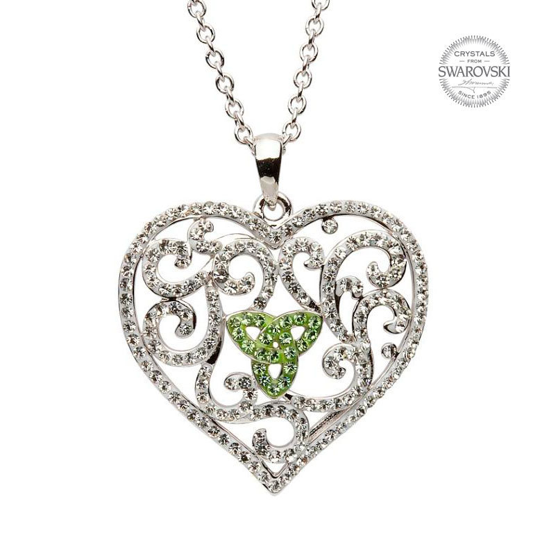 Heart Trinity Silver Necklace Peridot & White Swarovski Crystals