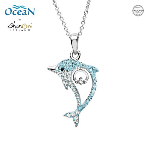 Claddagh Dolphin Necklace Aqua Swarovski® Crystals