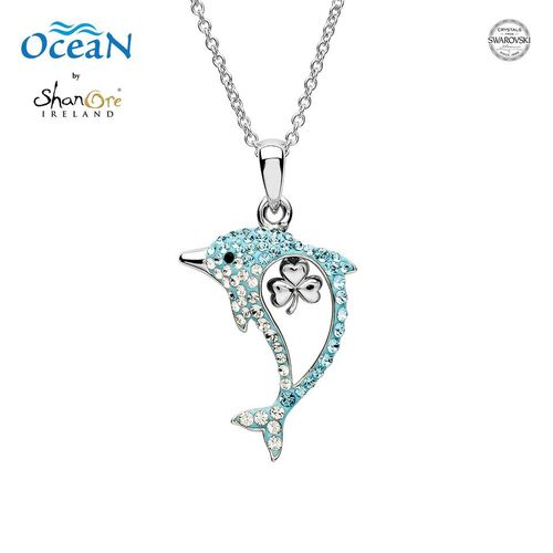 Shamrock Dolphin Necklace Aqua Swarovski® Crystals