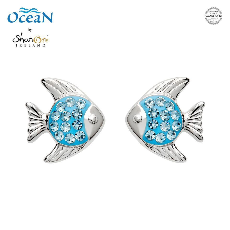 Fish Stud Earrings Sterling Silver & Aqua Swarovski® Crystals