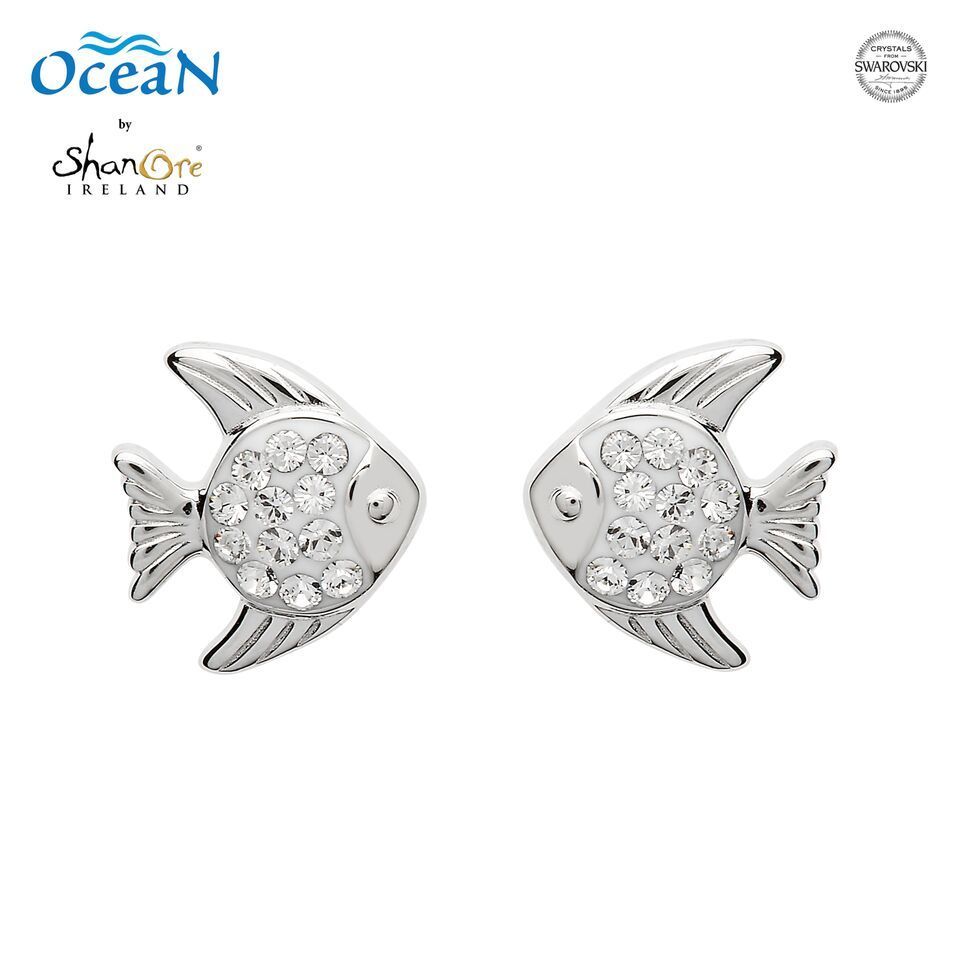 Fish Stud Earrings Sterling Silver & Clear Swarovski® Crystals