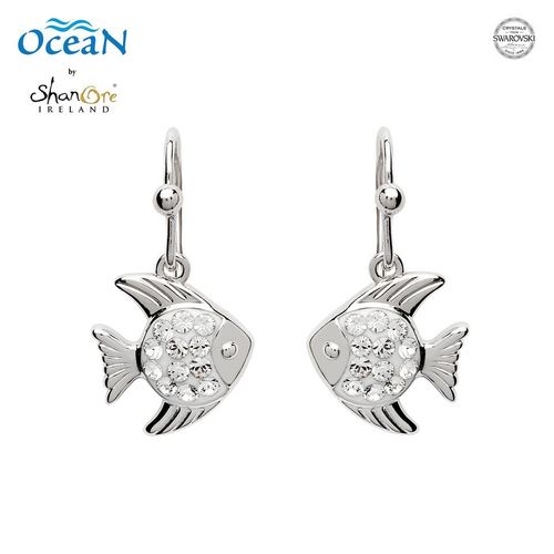 White Crystal Fish Dangle Earrings Silver & Crystal ~ Swarovski®