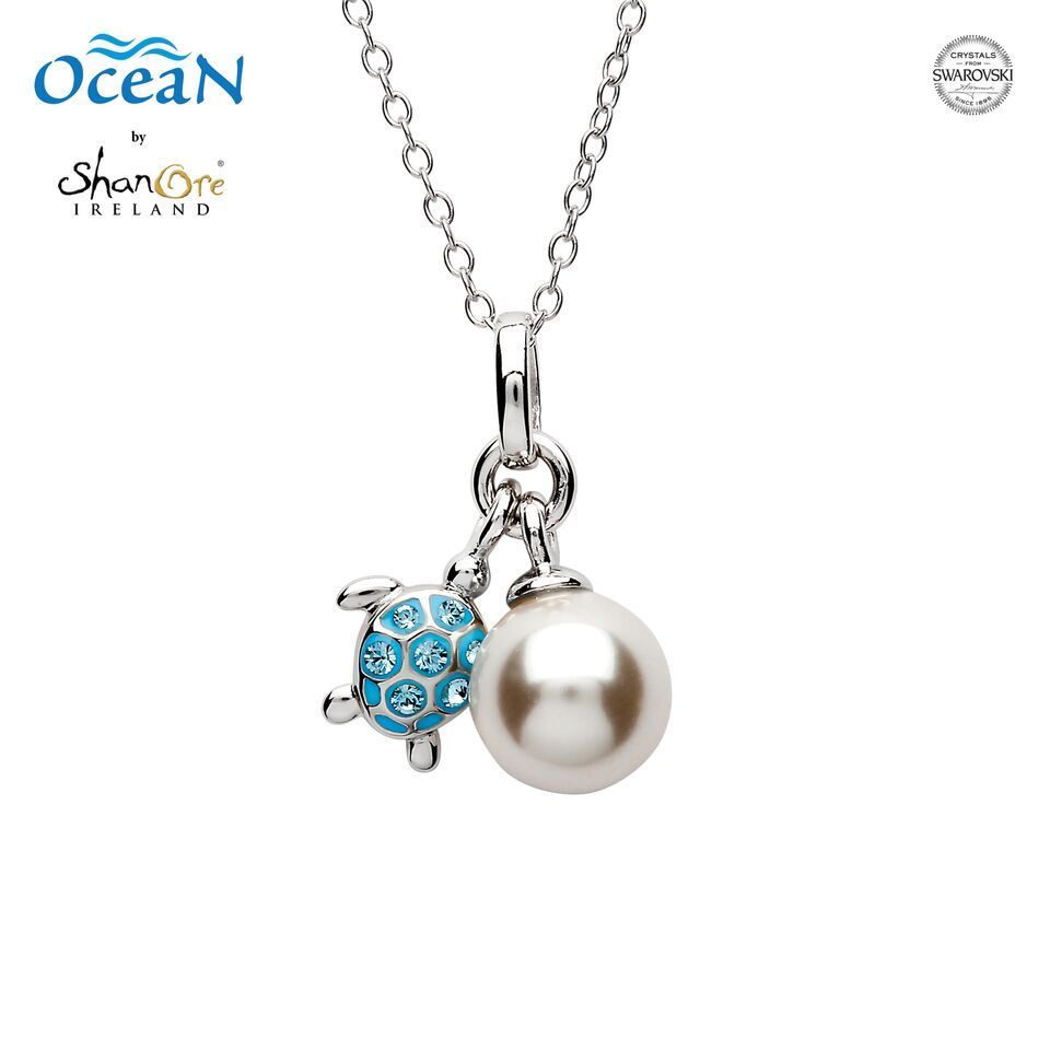 Turtle & Pearl Necklace Aqua Swarovski® Crystals