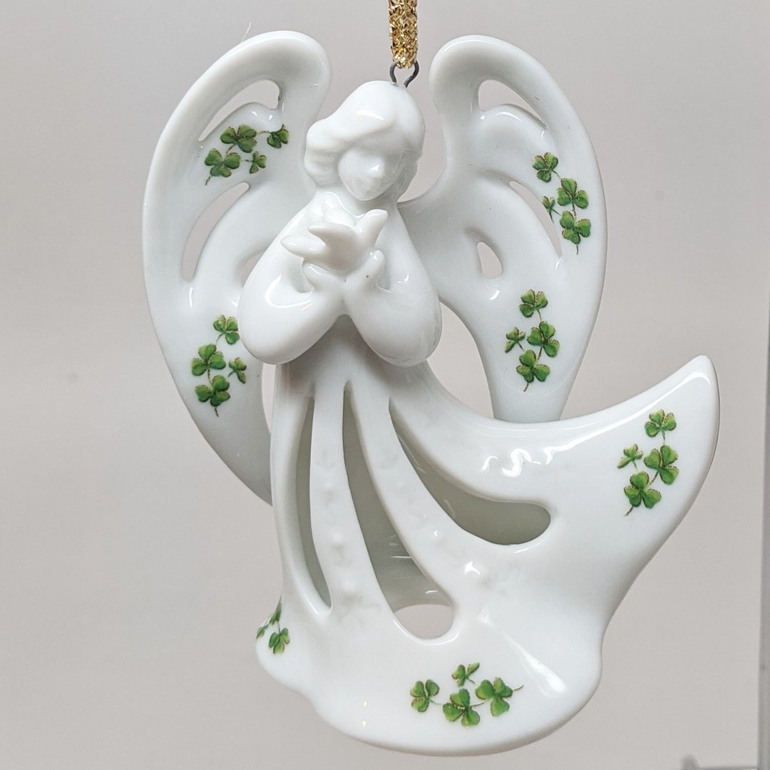Irish Angel Holding Dove Ornament ~ Shamrocks