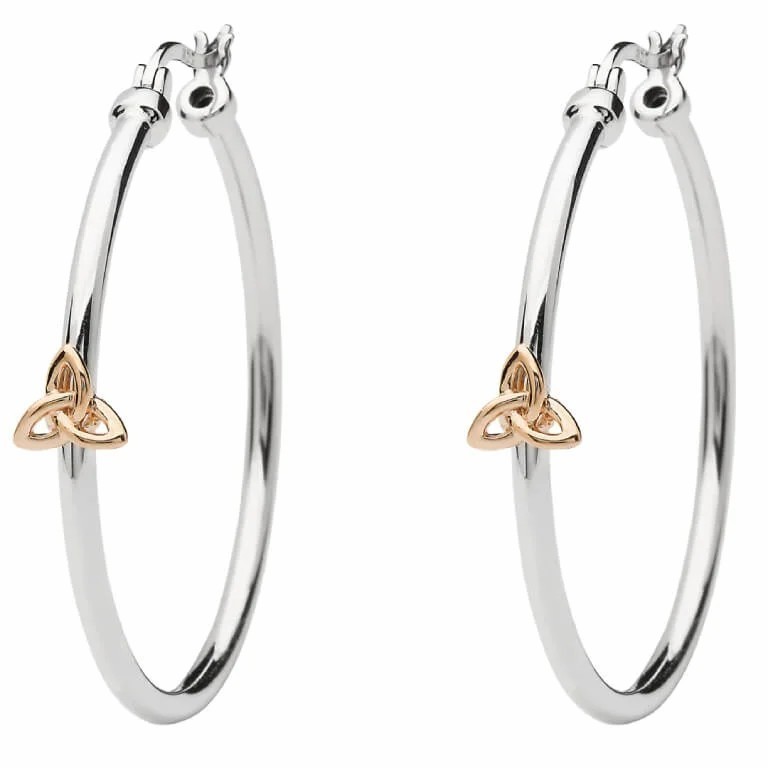 Rose Gold Trinity Knot on Sterling Silver Hoop Earrings