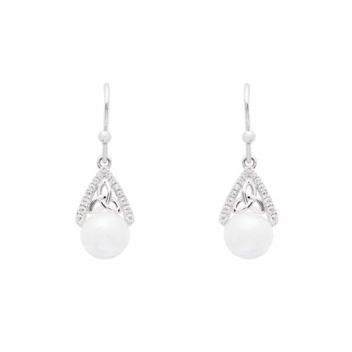 Elegant Sparkle Trinity & Pearl Sterling Silver Drop Earrings