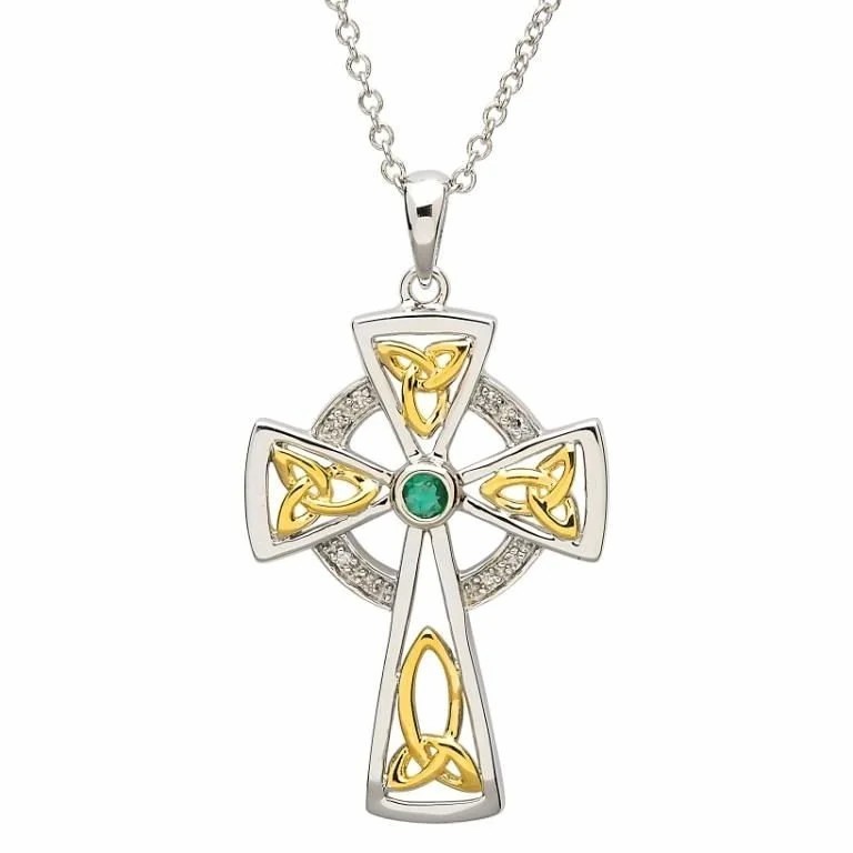 Sterling Silver Celtic Cross Diamonds Emerald & Trinity Knots