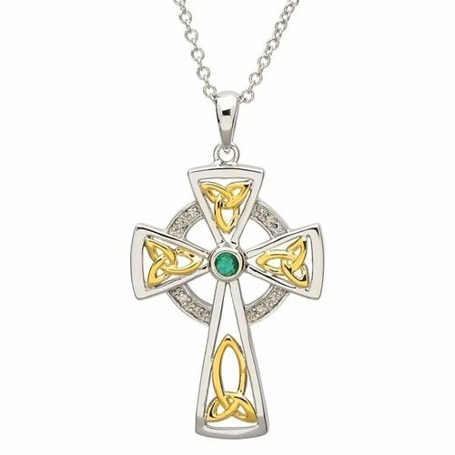 Sterling Silver Celtic Cross Diamonds Emerald & Trinity Knots