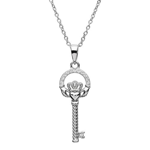 Silver Crystal Claddagh Key Necklace ~ Celtic